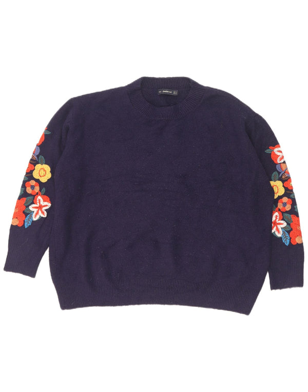 Maglione maglione girocollo da donna Zara UK 14 blu navy medio floreale