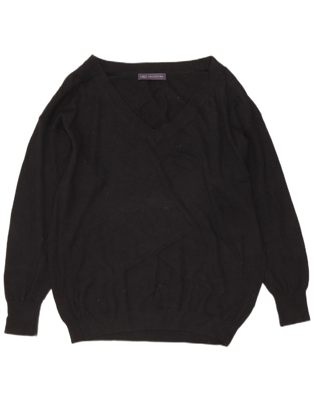 MARKS & SPENCER maglione da donna con scollo a V UK 14 grande cotone nero