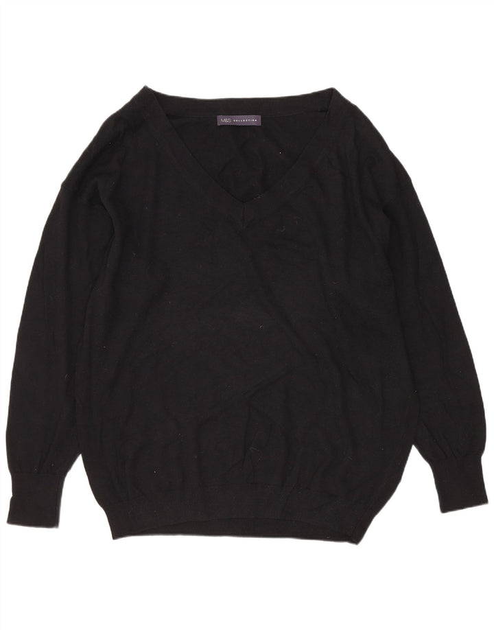 MARKS & SPENCER maglione da donna con scollo a V UK 14 grande cotone nero