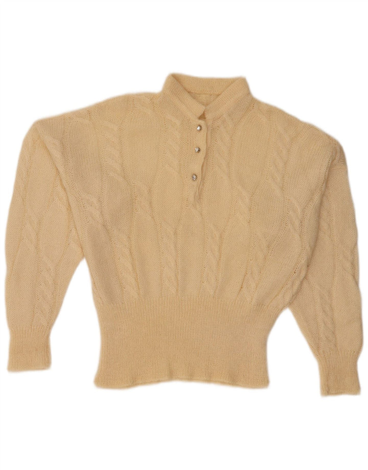 Maglione vintage da donna con collo a pipistrello e collo con bottoni UK 18 XL Beige