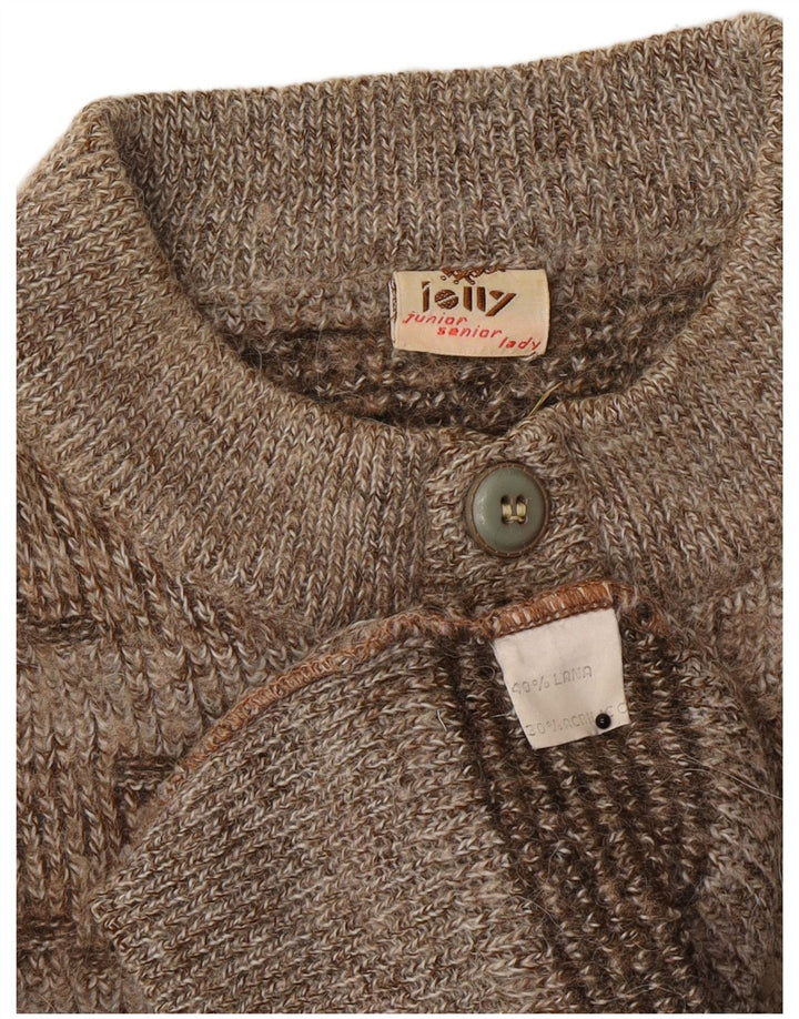 Maglione da donna vintage con collo a bottoni, UK 16, lana a righe marroni grandi