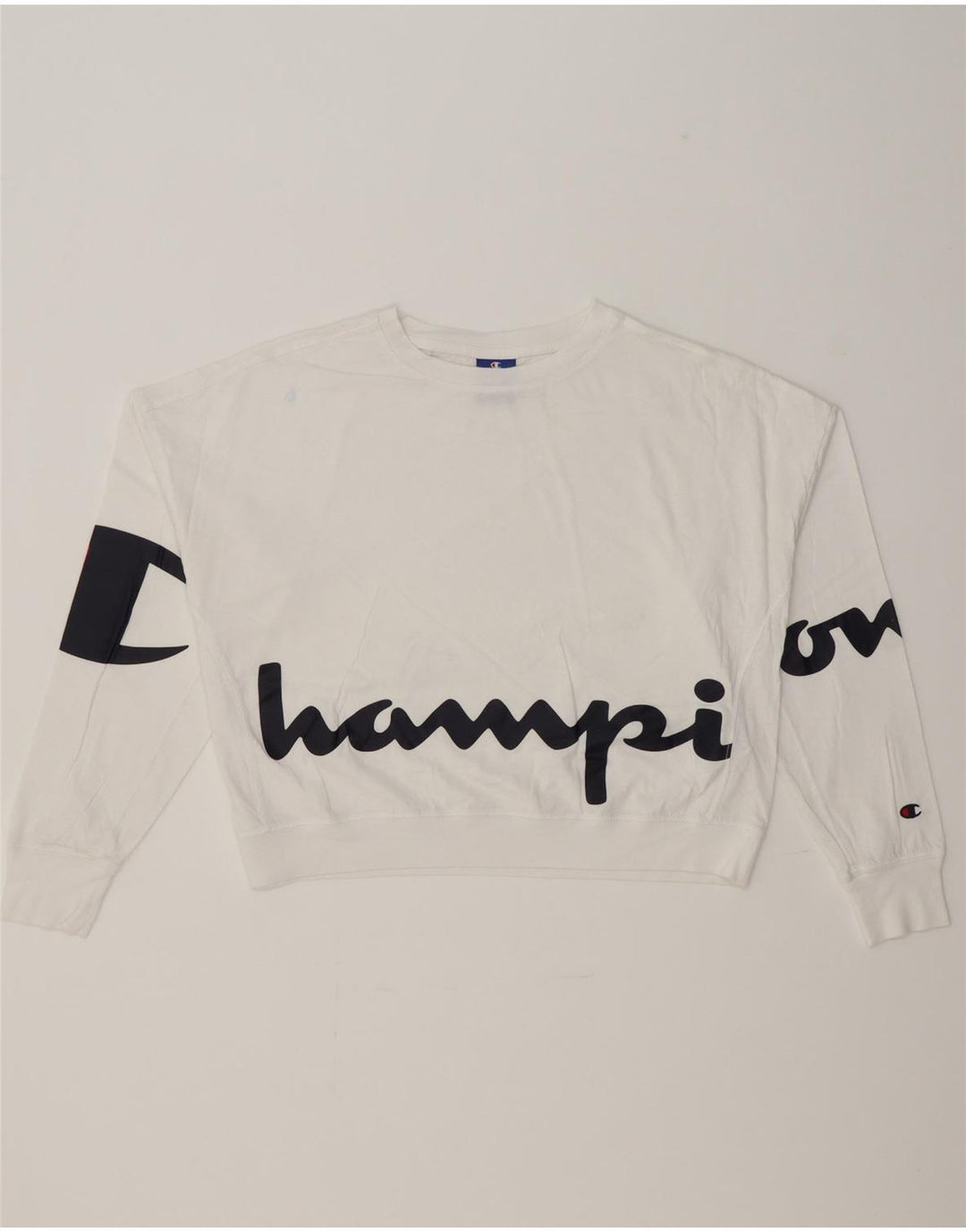 CHAMPION Womens Oversized Graphic Crop Sweatshirt Jumper UK 6 XS White Vintage Champion and Second-Hand Champion from Messina Hembry 