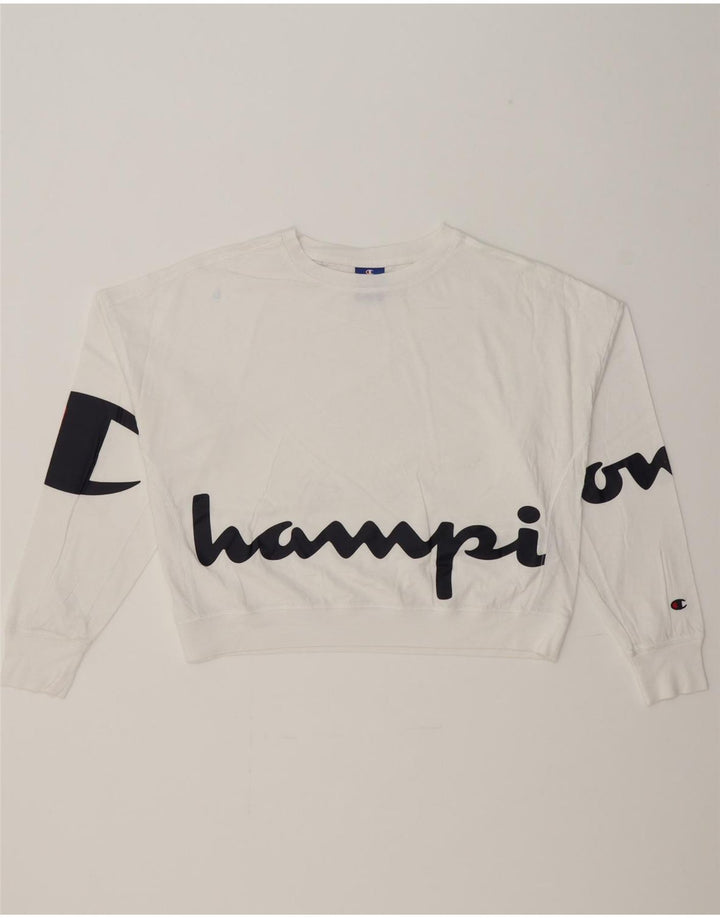 CHAMPION Womens Oversized Graphic Crop Sweatshirt Jumper UK 6 XS White Vintage Champion and Second-Hand Champion from Messina Hembry 