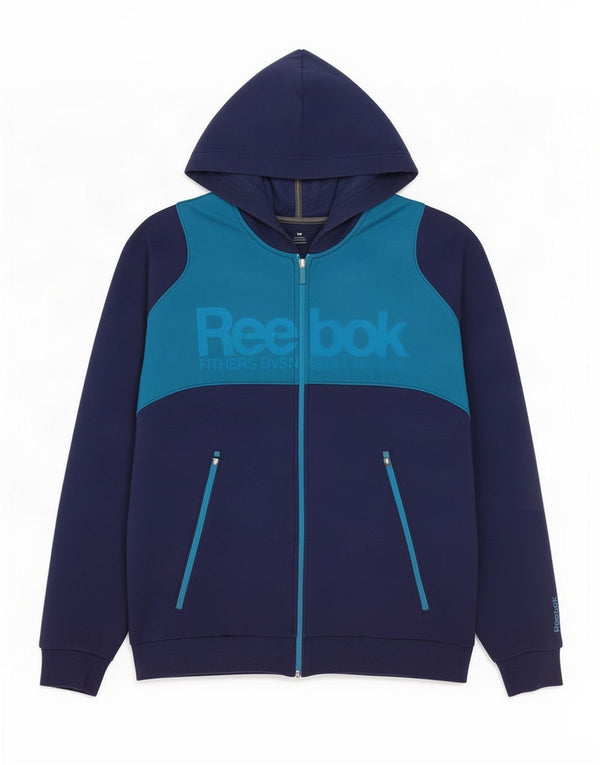 Maglione con cappuccio e zip grafica da uomo Reebok grande in cotone color block blu navy