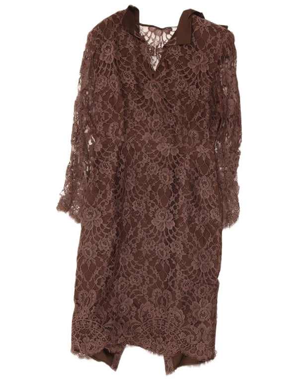 Abito tubino in pizzo a maniche lunghe da donna vintage UK 10 piccolo floreale marrone
