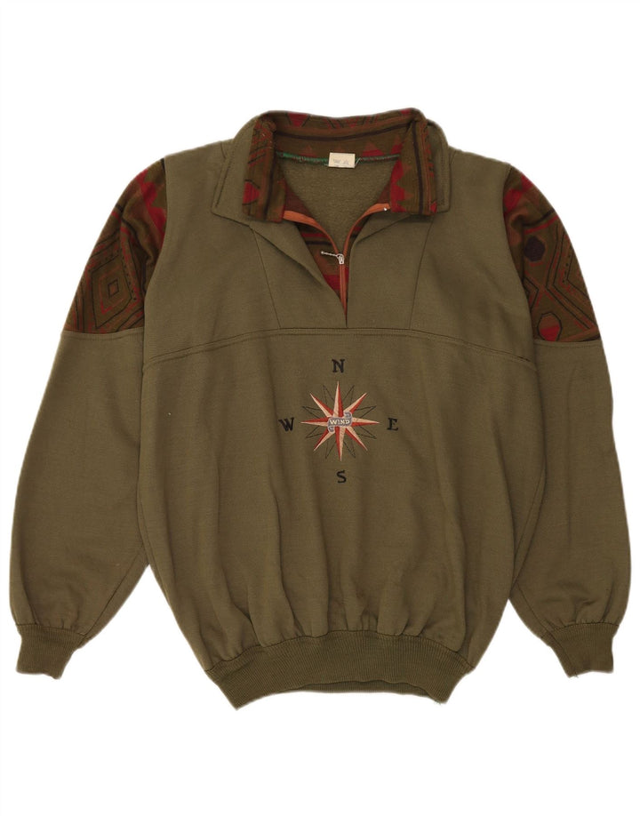 Felpa con collo con zip grafica vintage da uomo, maglione grande, kaki geometrico
