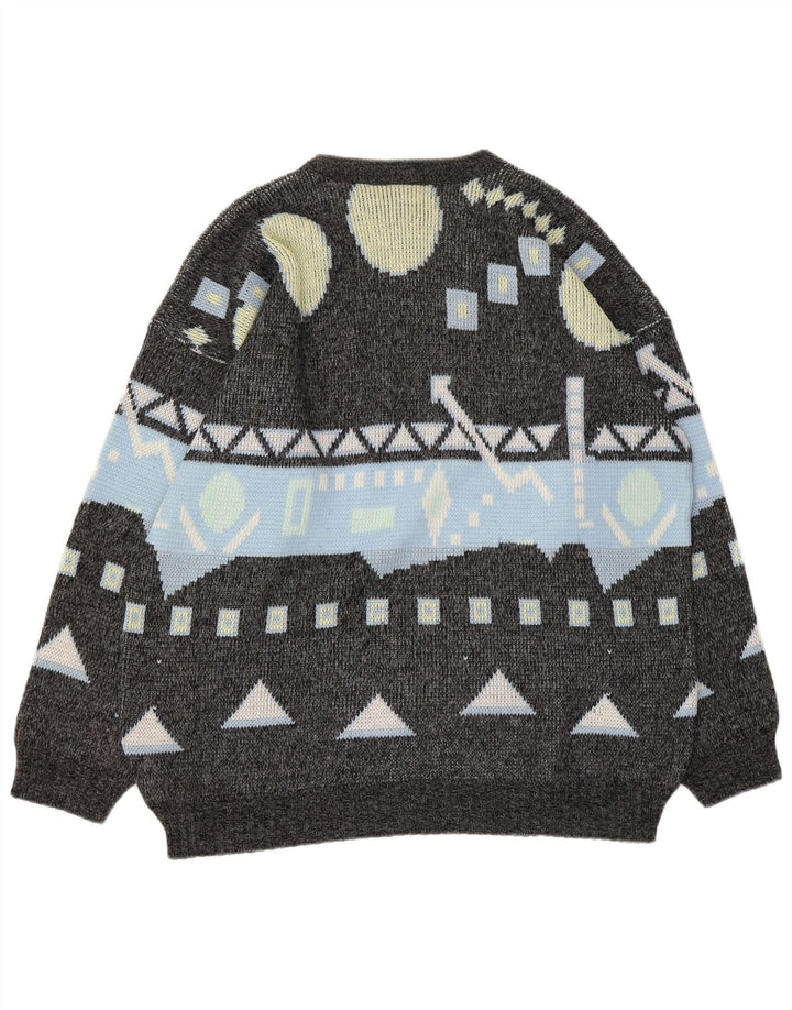Maglione maglione girocollo da uomo vintage grande grigio geometrico