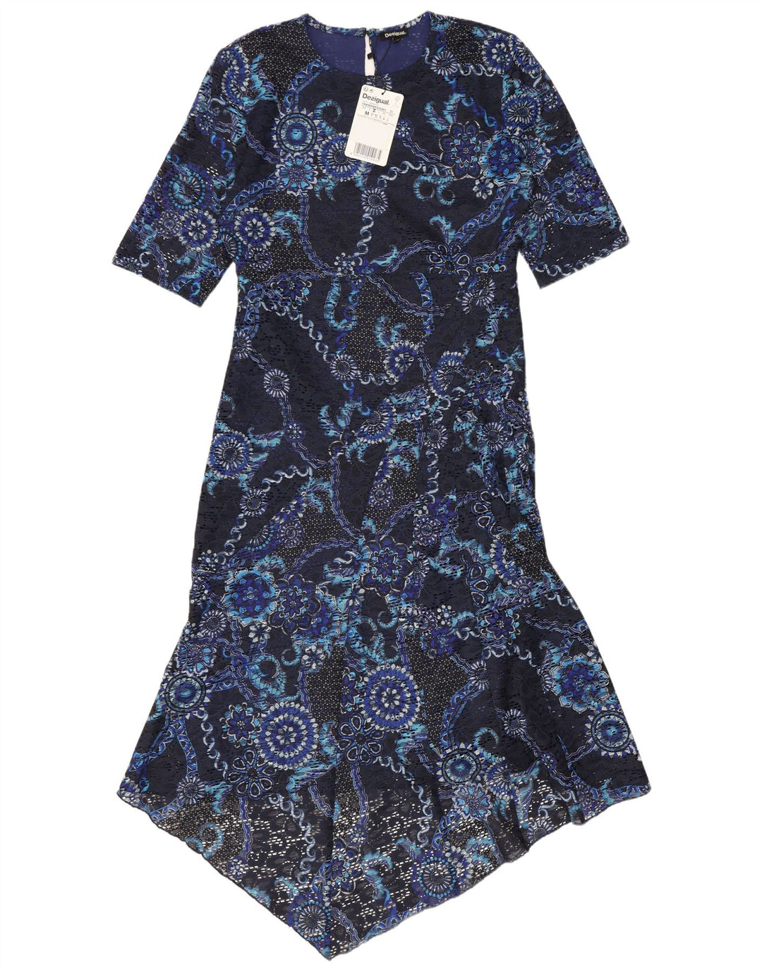 Abito asimmetrico in pizzo da donna Desigual UK 12 medio blu navy floreale