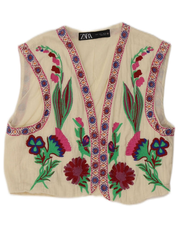 Zara Womens Waistcoat UK 10 Small White Floral Cotton
