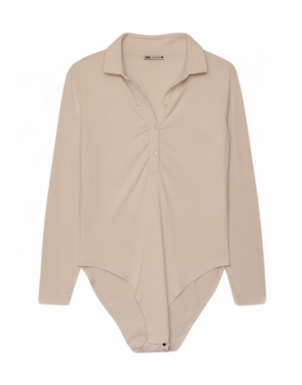 Body a maniche lunghe da donna Zara UK 14 grande cotone bianco