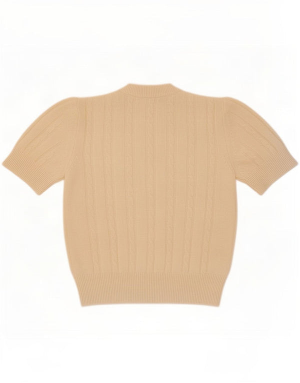 Vintage Womens Crop Short Sleeve Crew Neck Jumper Sweater UK 14 Large Beige