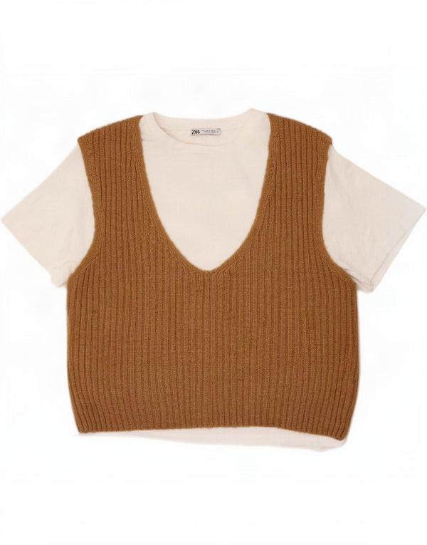 Zara Womens Blouse Top UK 10 Small Brown Colourblock Cotton