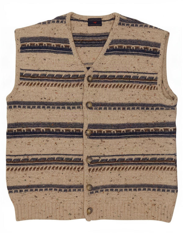 Vintage Mens Sleeveless Cardigan Sweater Medium Beige Striped Wool