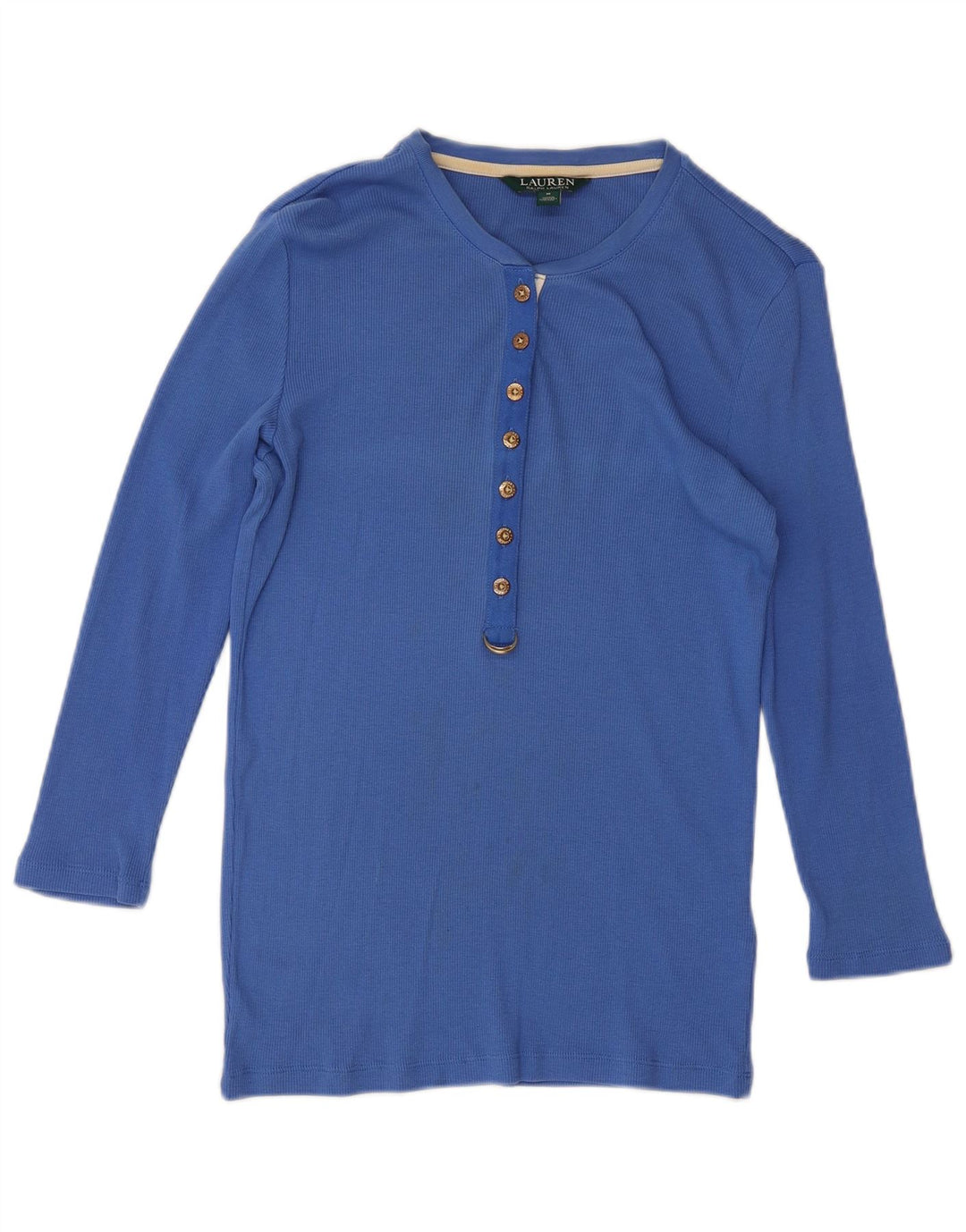 RALPH LAUREN Top da donna manica 3/4 UK 12 cotone blu medio