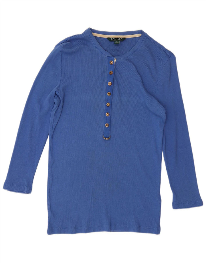 RALPH LAUREN Top da donna manica 3/4 UK 12 cotone blu medio