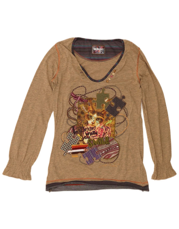 Desigual Donna Graphic Top Manica Lunga UK 16 Large Marrone Cotone