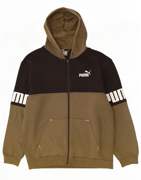 Felpa con cappuccio e zip grafica da uomo Puma grande in cotone color block kaki