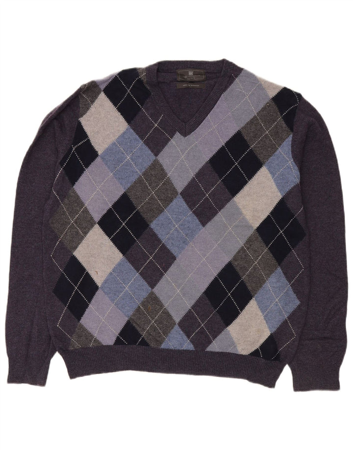 Maglione da uomo con scollo a V Marks & Spencer, viola medio, a rombi/diamante