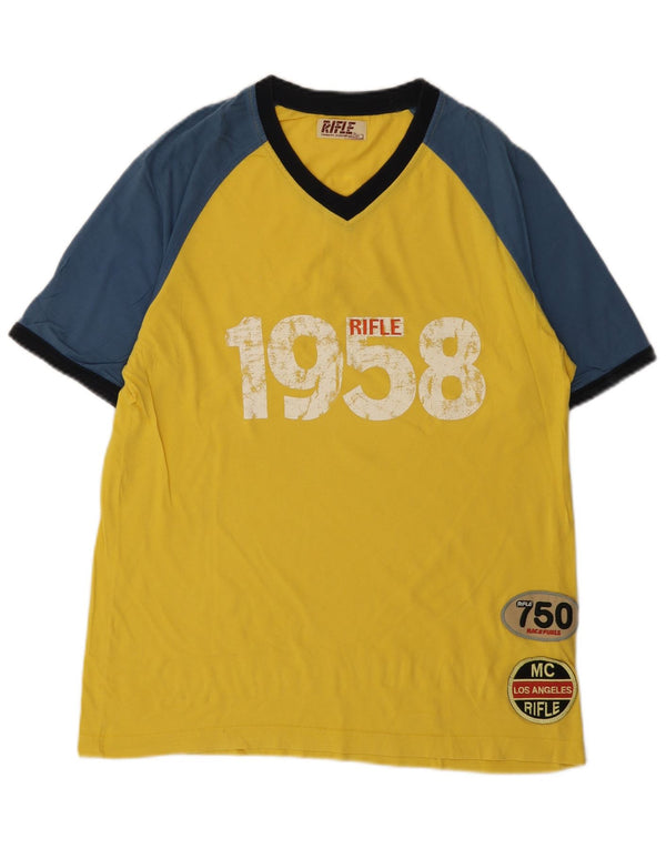 T-shirt grafica da uomo Rifle Top grande in cotone color block giallo