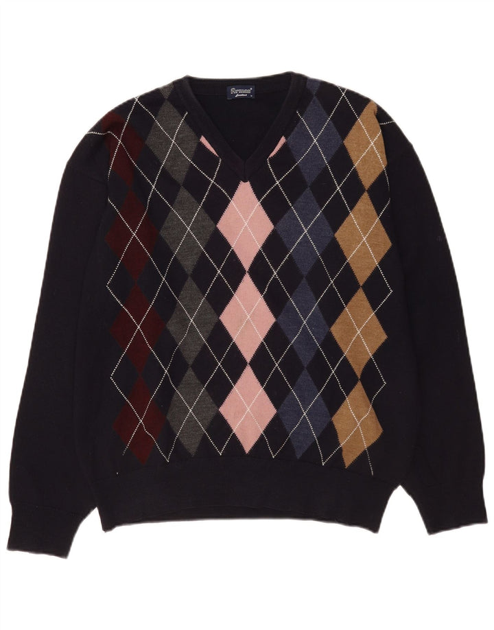 Maglione maglione vintage da uomo con scollo a V medio blu navy a rombi/lana diamante