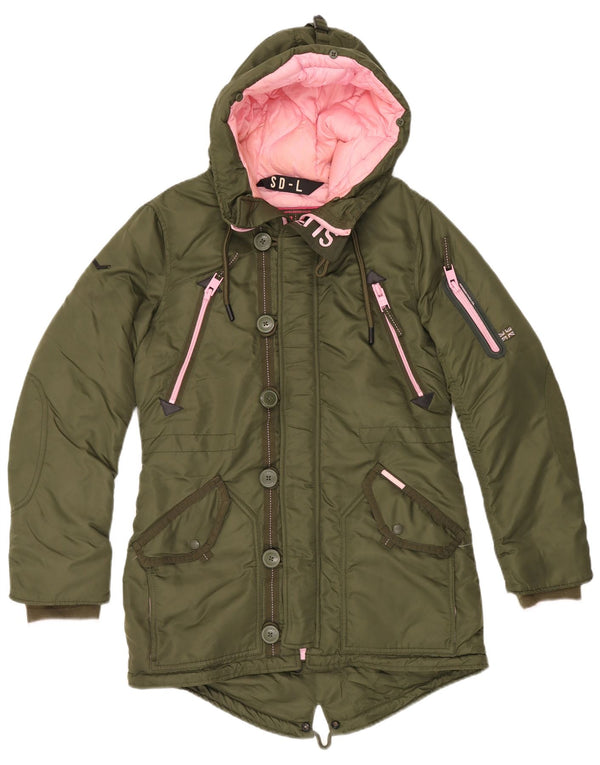 Giacca parka da donna con cappuccio SUPERDRY UK 14 nylon kaki medio
