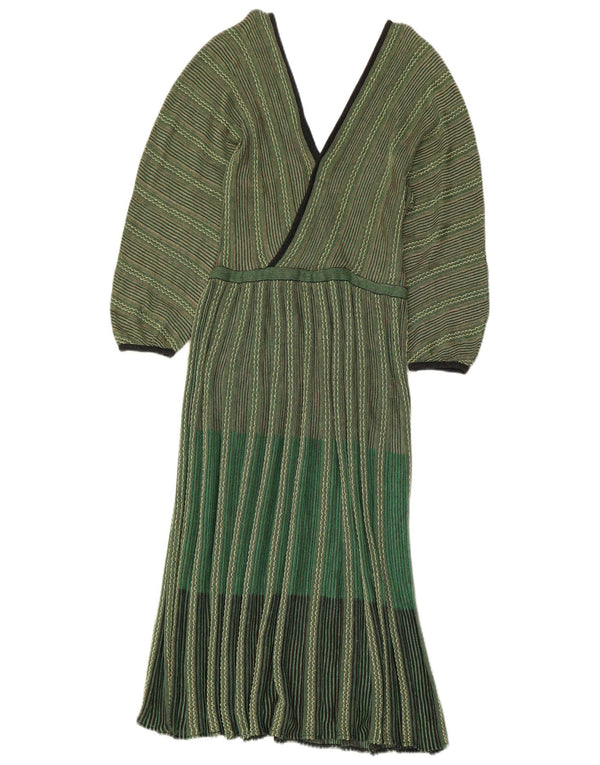 Abito lungo da donna vintage a maniche lunghe in maglia IT 42 a righe verde medio
