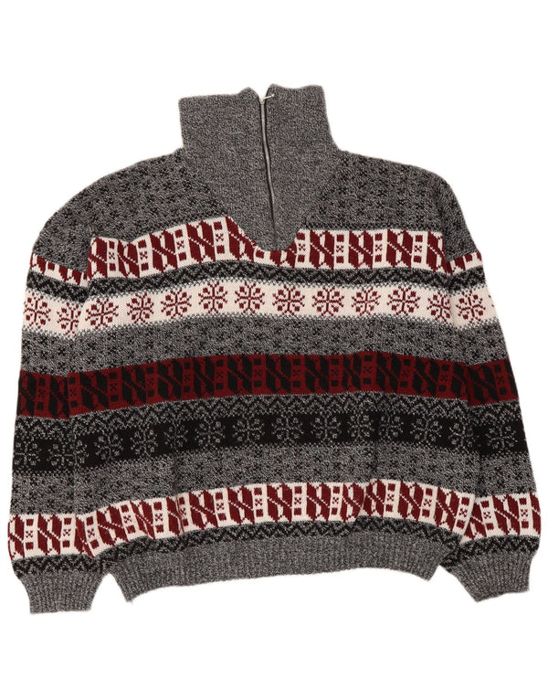 Maglione vintage da donna con collo con zip UK 14 Grigio medio Fair Isle