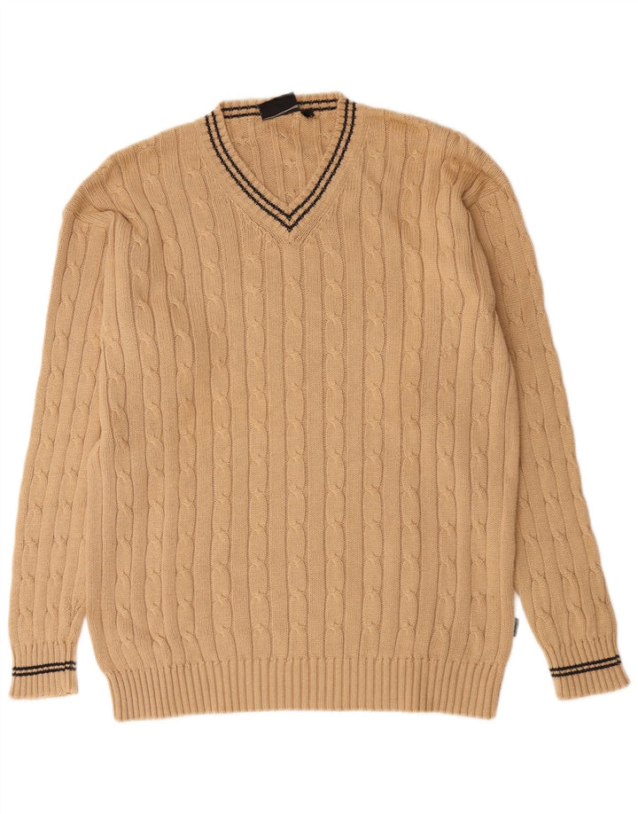 Maglione vintage da uomo con scollo a V, grande cotone beige