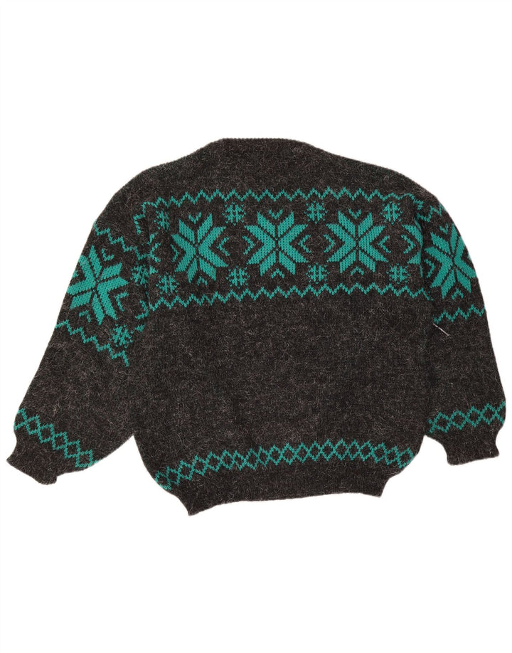Maglione vintage da uomo con scollo a barca, grande lana Fair Isle grigia