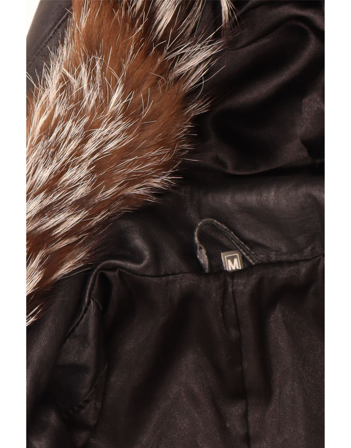 Cappotto in pelle con cappuccio da donna vintage UK 14 medio nero