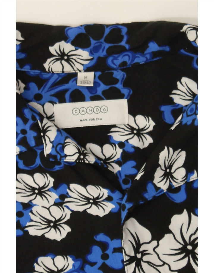 CANDA Mens Short Sleeve Shirt UK 39/40 Medium Black Floral Viscose Vintage Canda and Second-Hand Canda from Messina Hembry 
