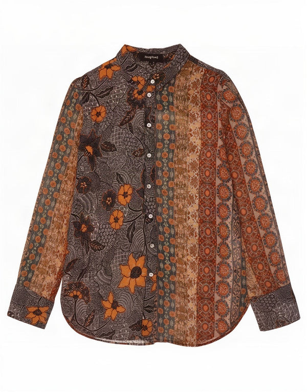 Desigual camicia da donna camicetta UK 16 grande poliestere floreale marrone