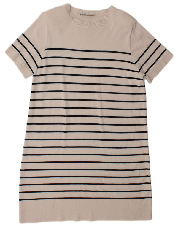 Zara Womens Short Sleeves Jumper Dress UK 16 Large Beige Striped Viscose