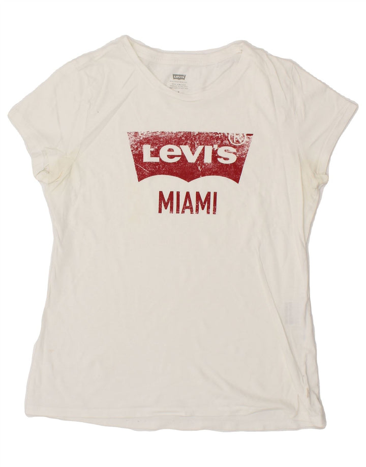 LEVI'S Womens Miami Graphic T-Shirt Top UK 12 Medium White Cotton Vintage Levi's and Second-Hand Levi's from Messina Hembry 