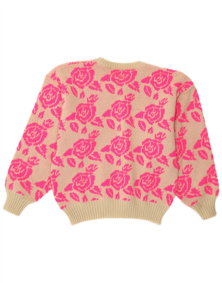 Maglione maglione girocollo da donna vintage UK 14 floreale rosa medio