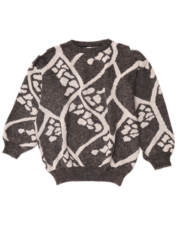 Maglione maglione girocollo da donna vintage UK 16 grande grigio geometrico