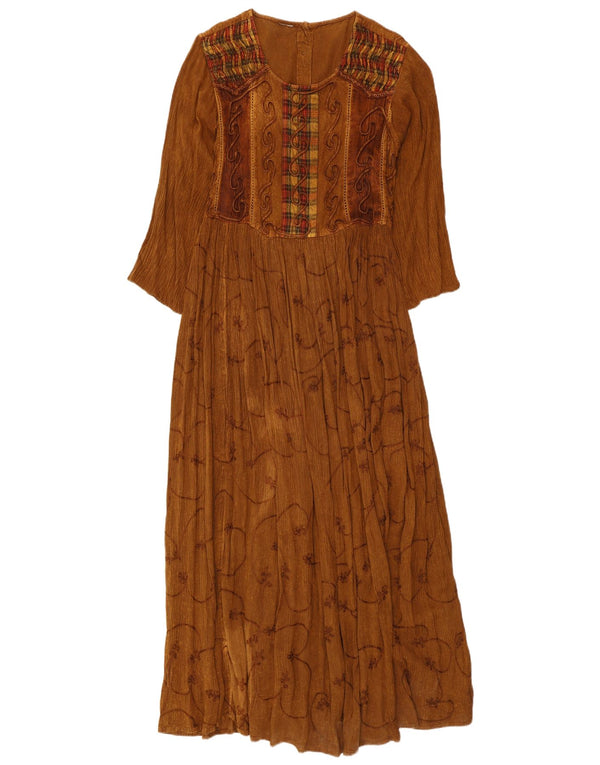 Abito lungo da donna vintage con maniche a 3/4 UK 10 piccolo motivo cachemire marrone