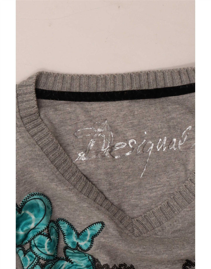 Desigual Donna Graphic Top Manica Lunga UK 14 Medio Grigio Cuore