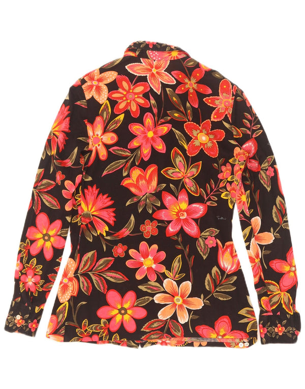 Camicetta camicia da donna vintage UK 12 cotone floreale nero medio