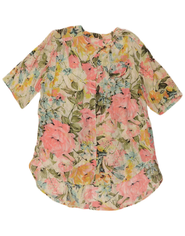 Camicetta a camicia lunga da donna vintage UK 14 floreale multicolore medio