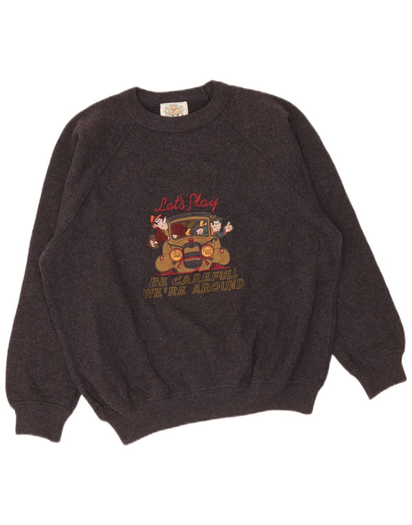 Maglione maglione girocollo con grafica vintage da donna UK 14 grande lana grigia