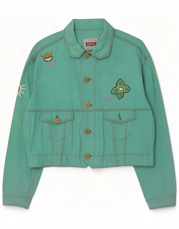 Sisley Giacca di jeans vestibilità rilassata da donna UK 14 Large Green Floral Retro