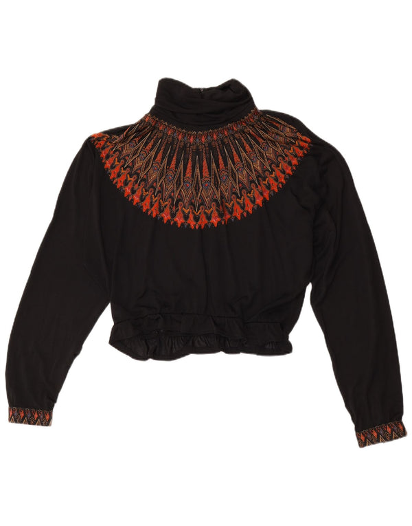 Top corto camicetta oversize da donna vintage UK 16 grande nero Fair Isle