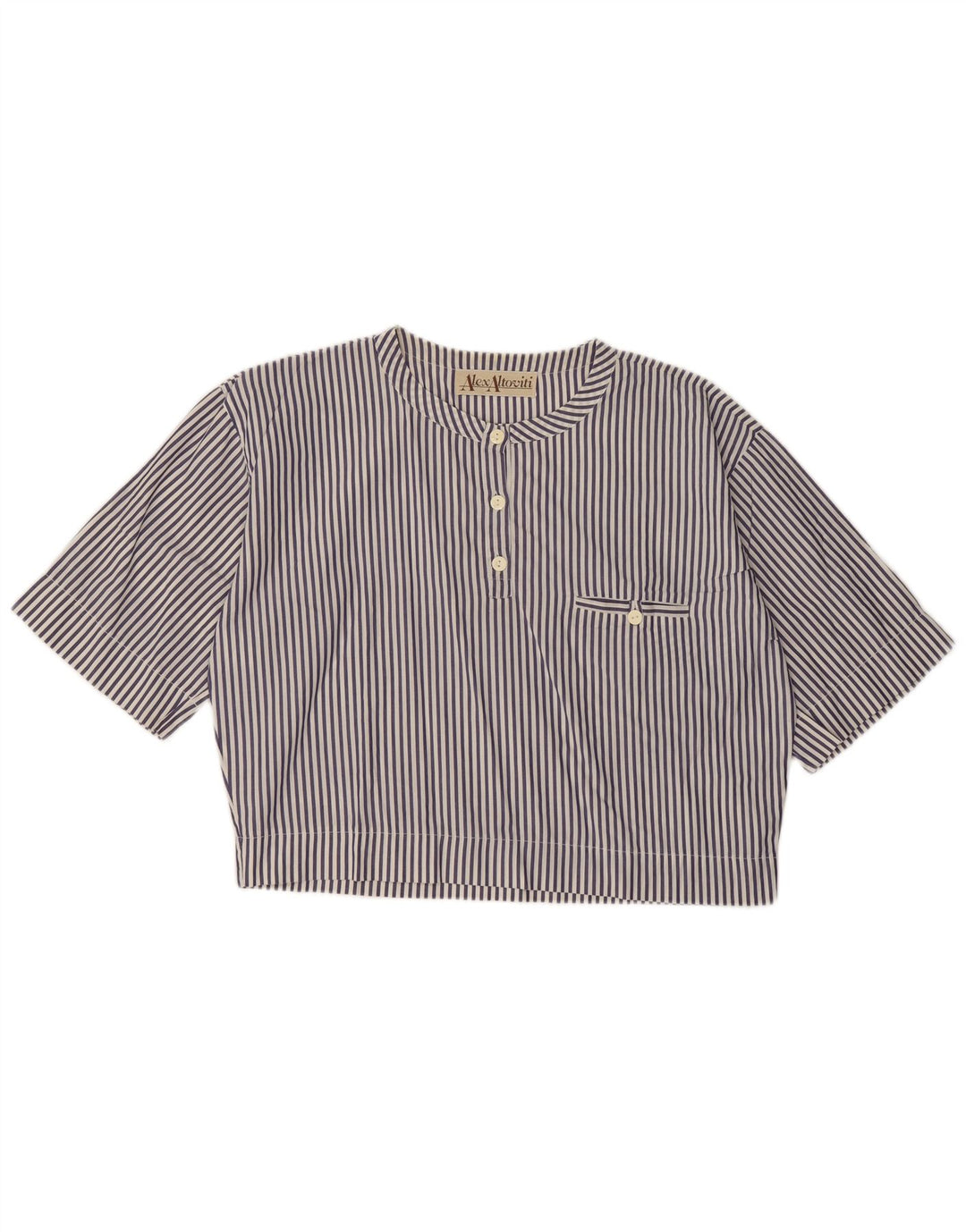 Top camicetta corta da donna VINTAGE UK 14 grande gessato blu navy