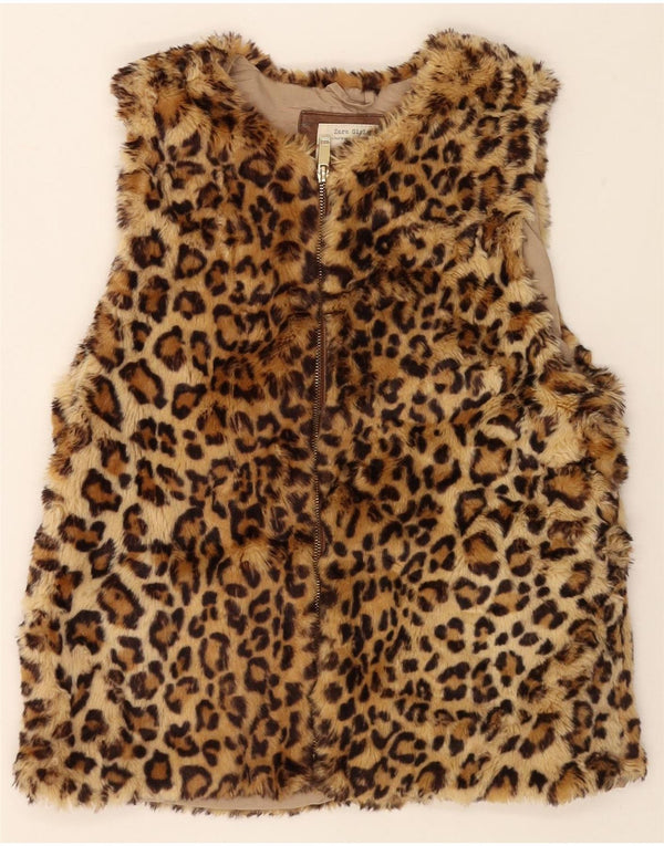 ZARA Gilet Bambina in Pelliccia Sintetica 13-14 Anni Marrone Poliestere Stampa Animalier