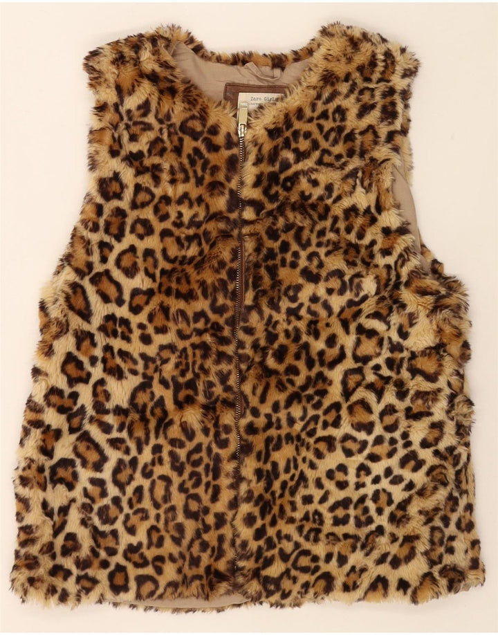 ZARA Gilet Bambina in Pelliccia Sintetica 13-14 Anni Marrone Poliestere Stampa Animalier