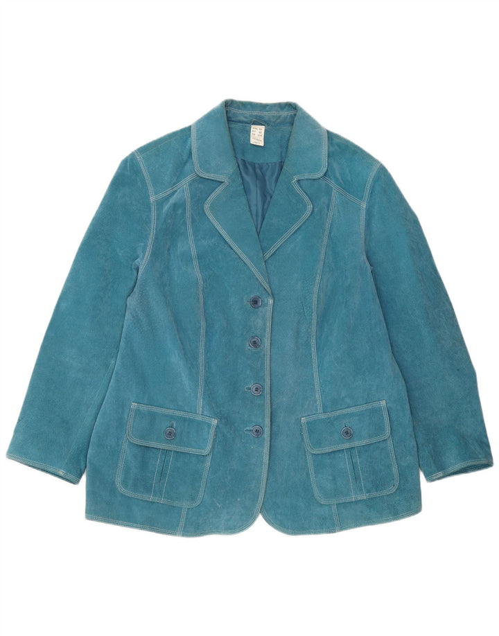Giacca blazer in pelle scamosciata da donna a 4 bottoni VINTAGE UK 22 3XL in pelle blu