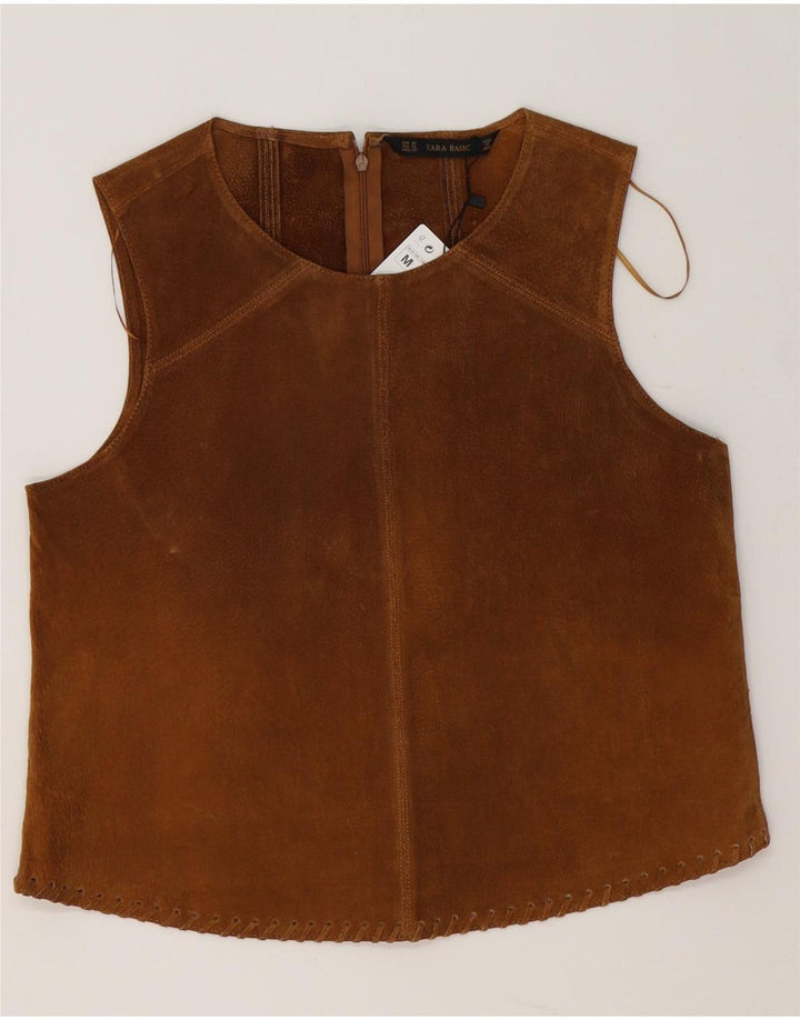 Top in camicetta scamosciata senza maniche da donna Zara UK 14 Pelle marrone medio