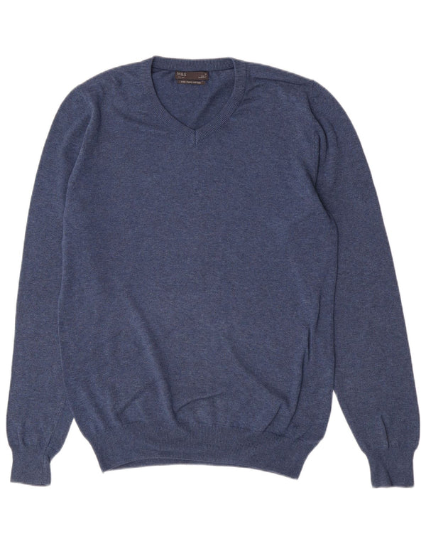 Maglione da uomo con scollo a V Marks & Spencer in cotone blu medio