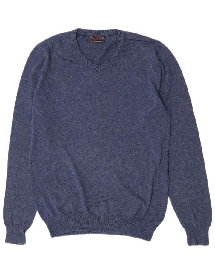 Maglione da uomo con scollo a V Marks & Spencer in cotone blu medio